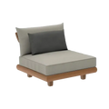 Modern outdoor sofa set with teak wood garden frame and soft gray fabric cushions for weather resistant patio use