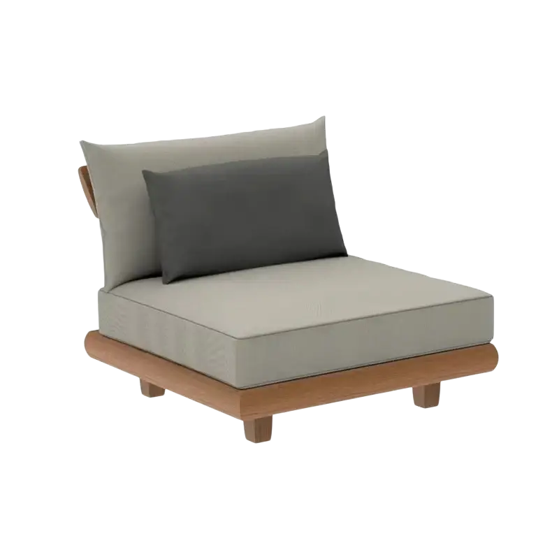 Modern outdoor sofa set with teak wood garden frame and soft gray fabric cushions for weather resistant patio use