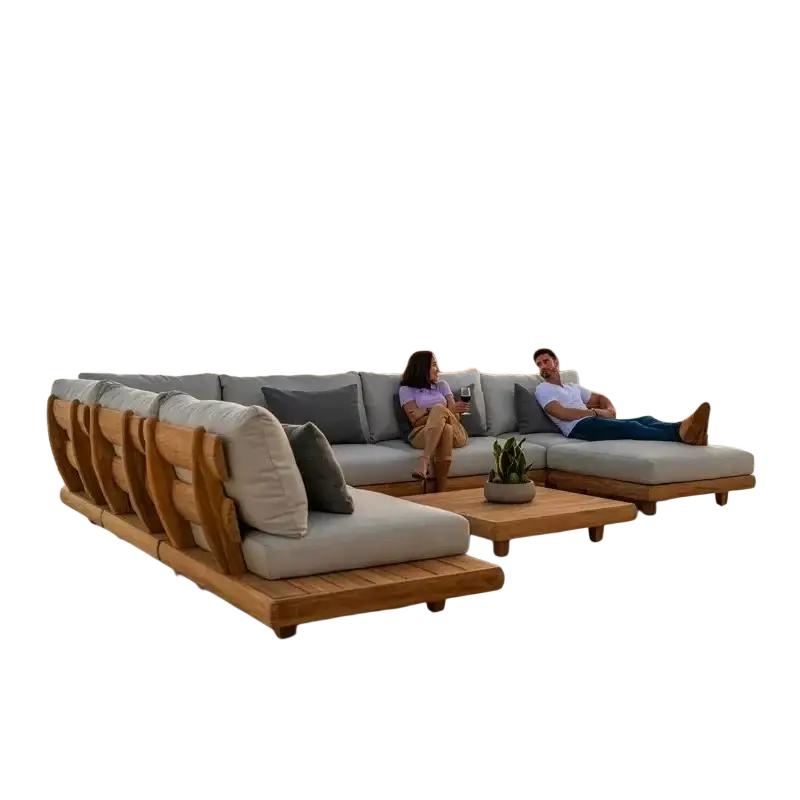 Modern teak wood garden sofa set with light gray cushions and dark gray throw pillows weather resistant wood garden sofa