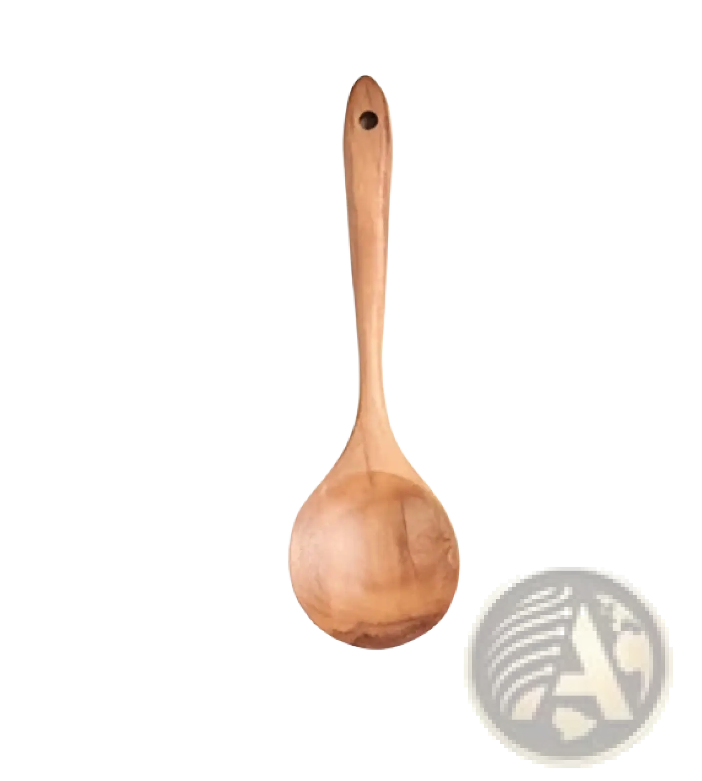 A light brown teak wood cooking spoon with a smooth rounded bowl and slender handle from a 7 piece utensil set