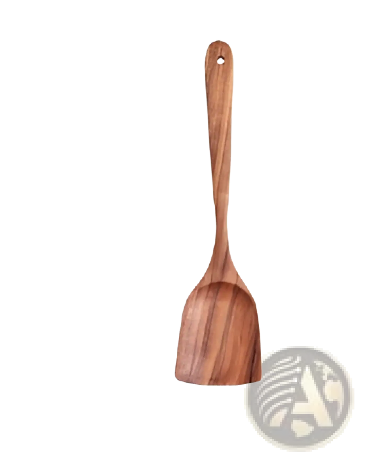 A teak wood cooking spoon with a smooth natural finish and visible grain from a 7 piece kitchen utensil set