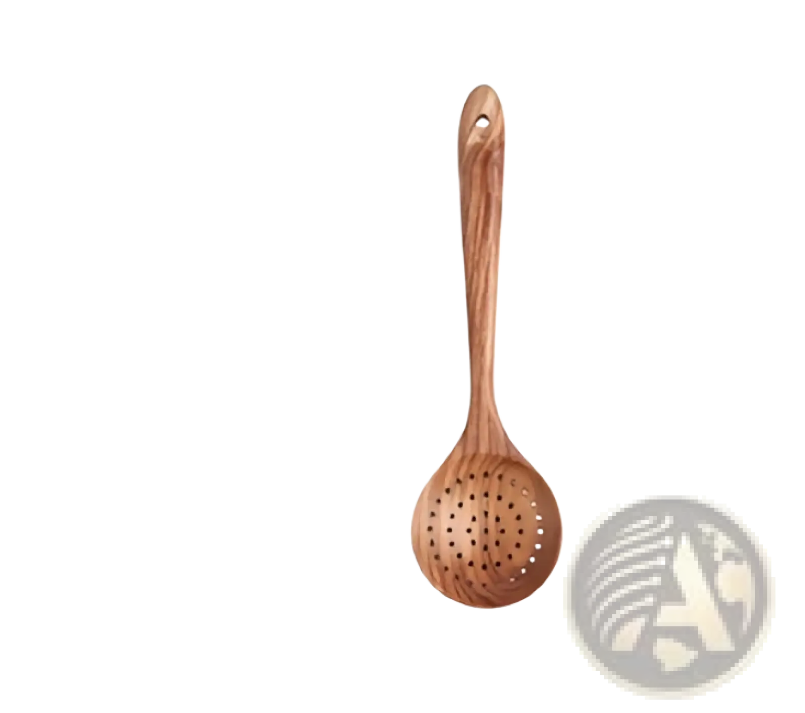 Wooden slotted spoon from teak wood kitchen utensil set 7pcs with smooth natural finish and evenly spaced holes