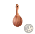 A smooth light brown teak wood cooking spoon with a rounded bowl and slender handle from a 7pcs utensil set