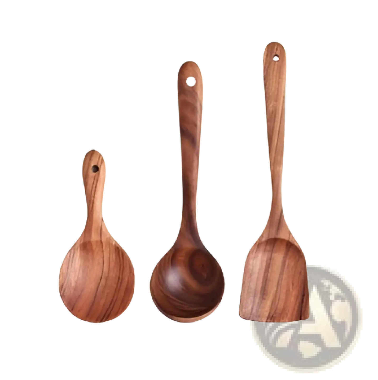 Set of three teak wood cooking spoons with natural wood grain and rounded handles for kitchen use