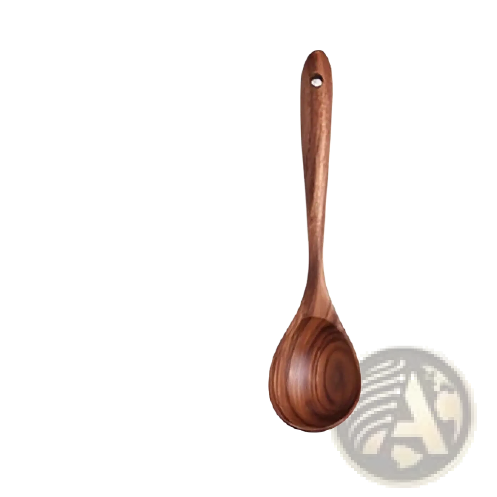 A smooth medium-brown teak wood cooking spoon with a rounded bowl and slender handle from a 7-piece utensil set