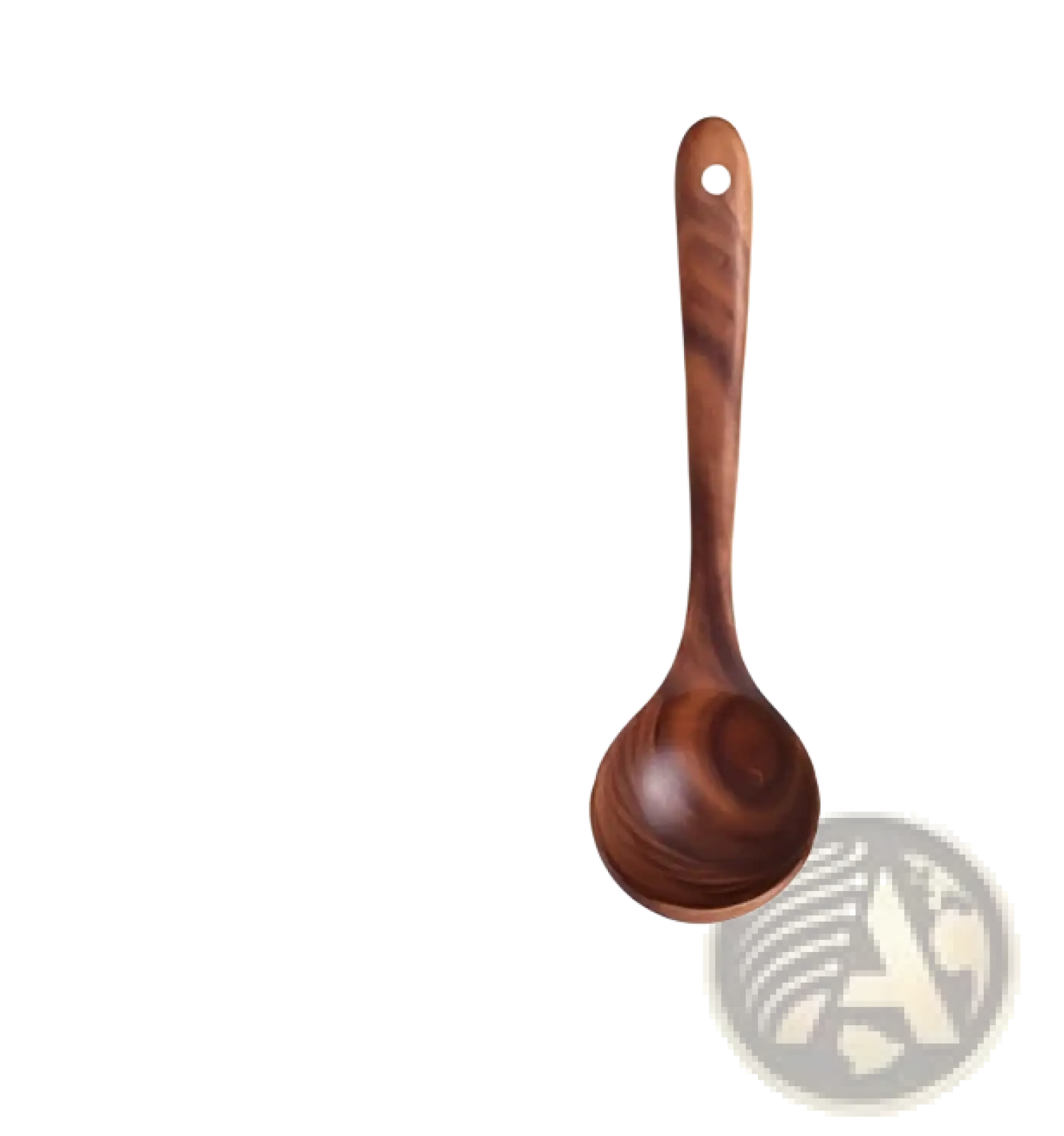 A smooth medium-brown teak wood ladle with rounded bowl and tapered handle from a 7-piece kitchen utensil set