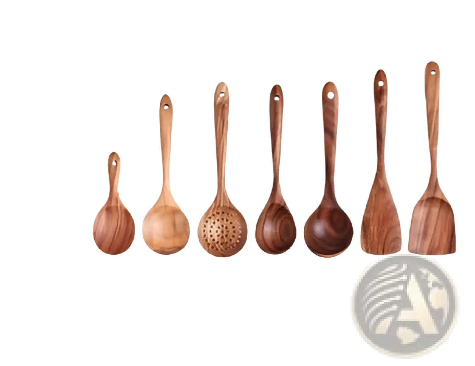 Set of eight teak wood kitchen utensils including spoons spatulas and a slotted spoon in natural wood color