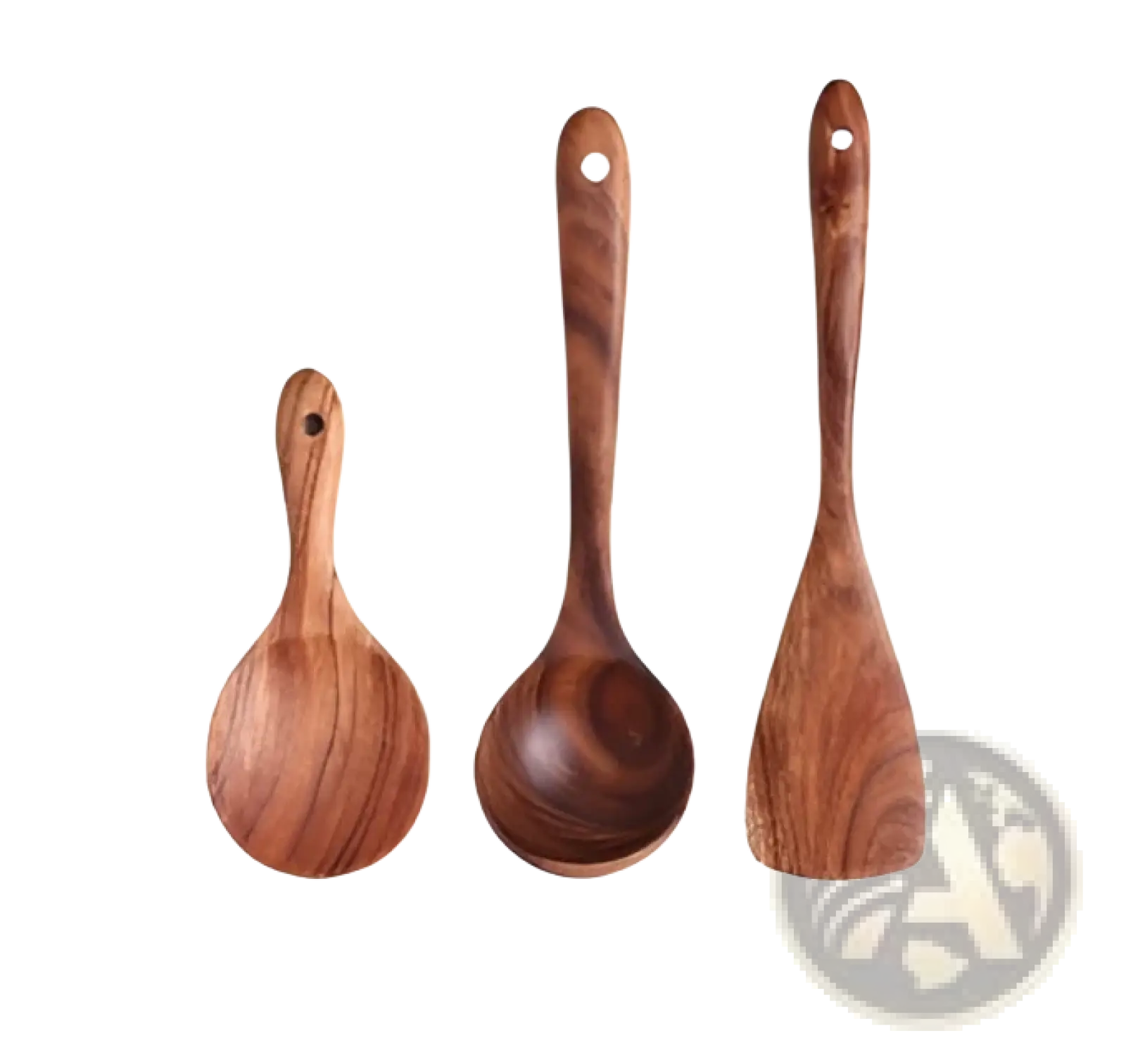 Set of three teak wood kitchen utensils with natural wood grain including spoon ladle and flat spatula for cooking