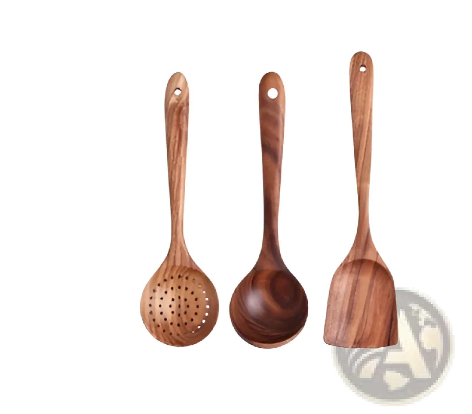 Set of three teak wood kitchen utensils with natural wood grain featuring slotted spoon ladle and flat spatula