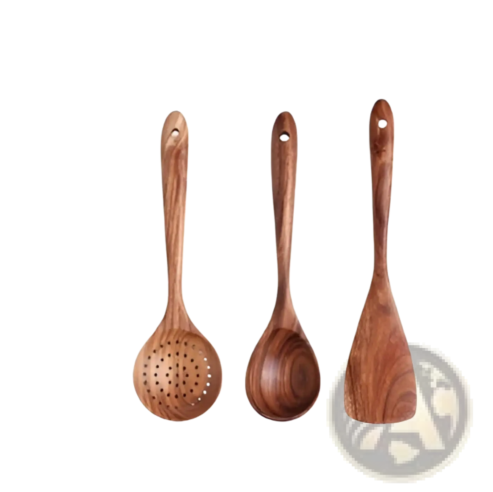 Set of three natural teak wood kitchen utensils including slotted spoon, rounded ladle, and flat spatula for cooking