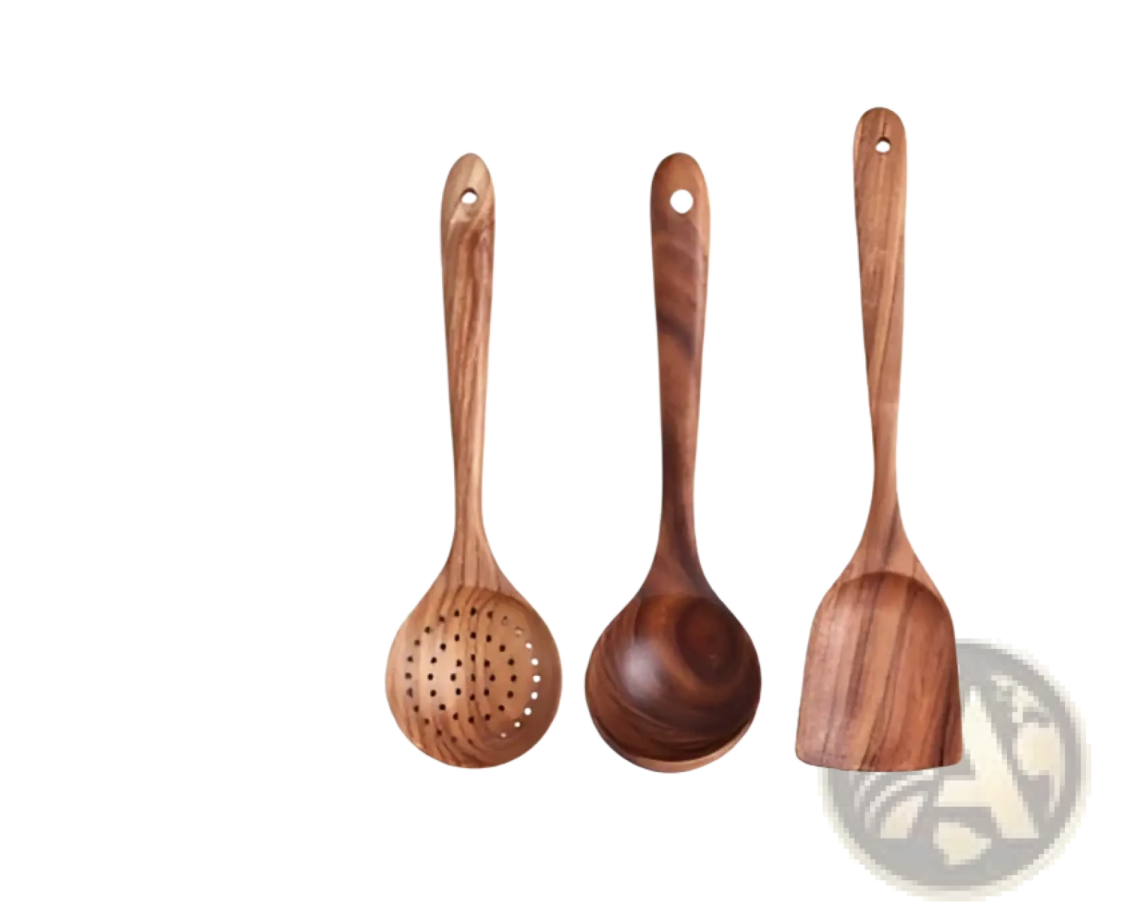 Set of three teak wood kitchen utensils with natural wood grain including slotted spoon ladle and spatula