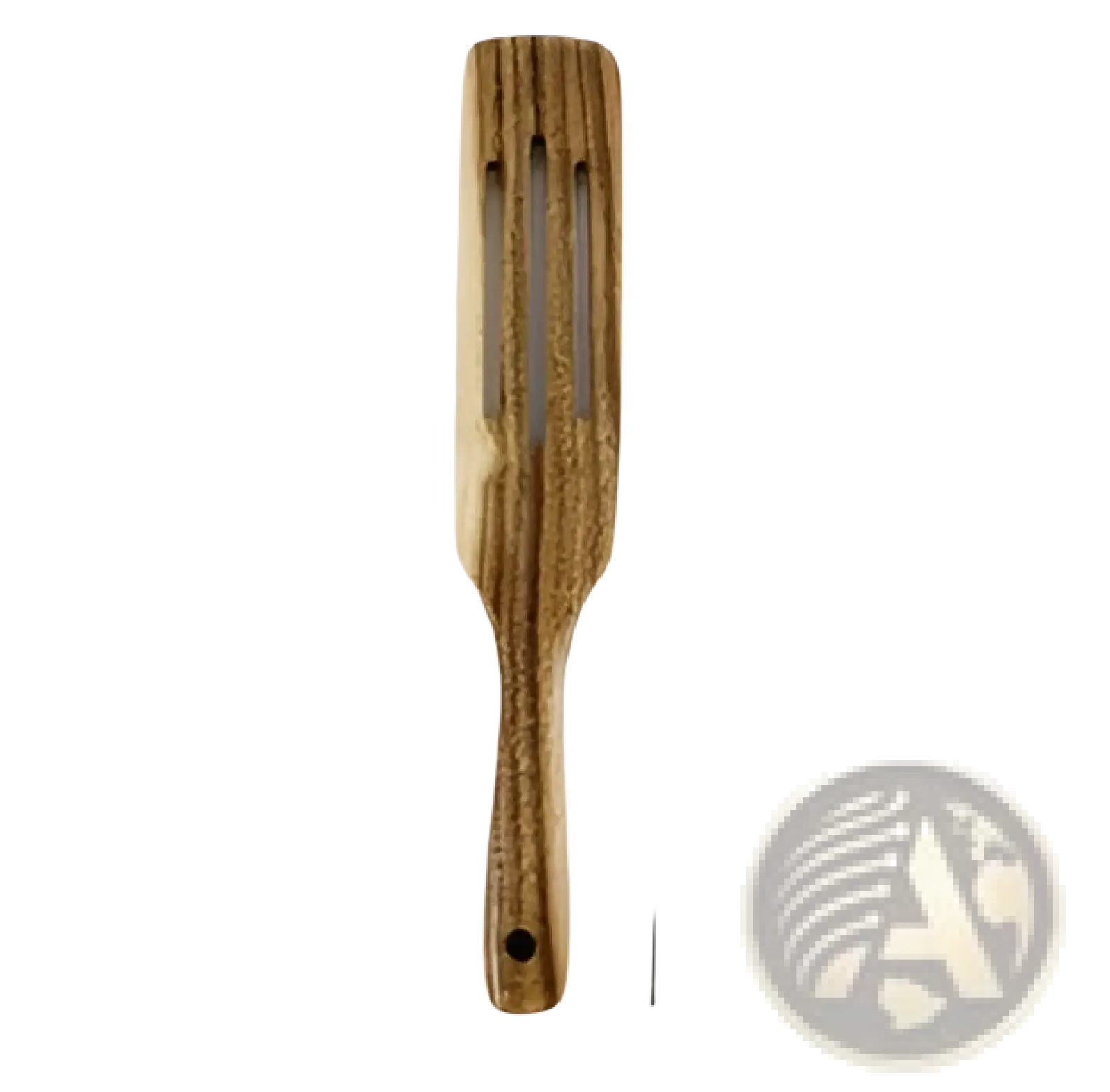 A wooden spatula with three slots in natural brown teak wood from a 7 piece kitchen utensil set