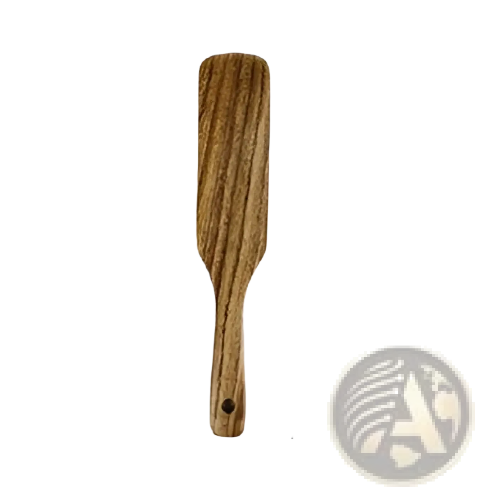 A wooden spatula from a teak wood kitchen utensil set with a smooth natural wood grain and a slightly curved blade