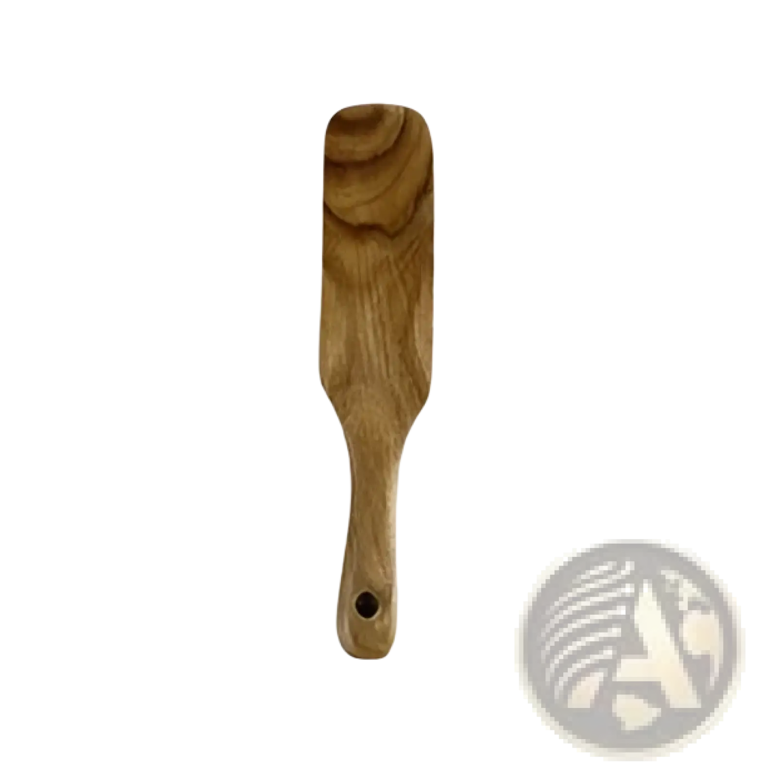 A teak wood kitchen spatula with a smooth natural finish and a slightly curved blade for cooking use