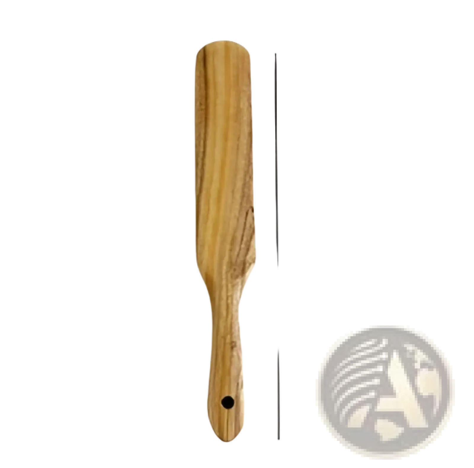Slender 26cm teak wood spatula with natural wood grain finish and rounded handle with hole for hanging