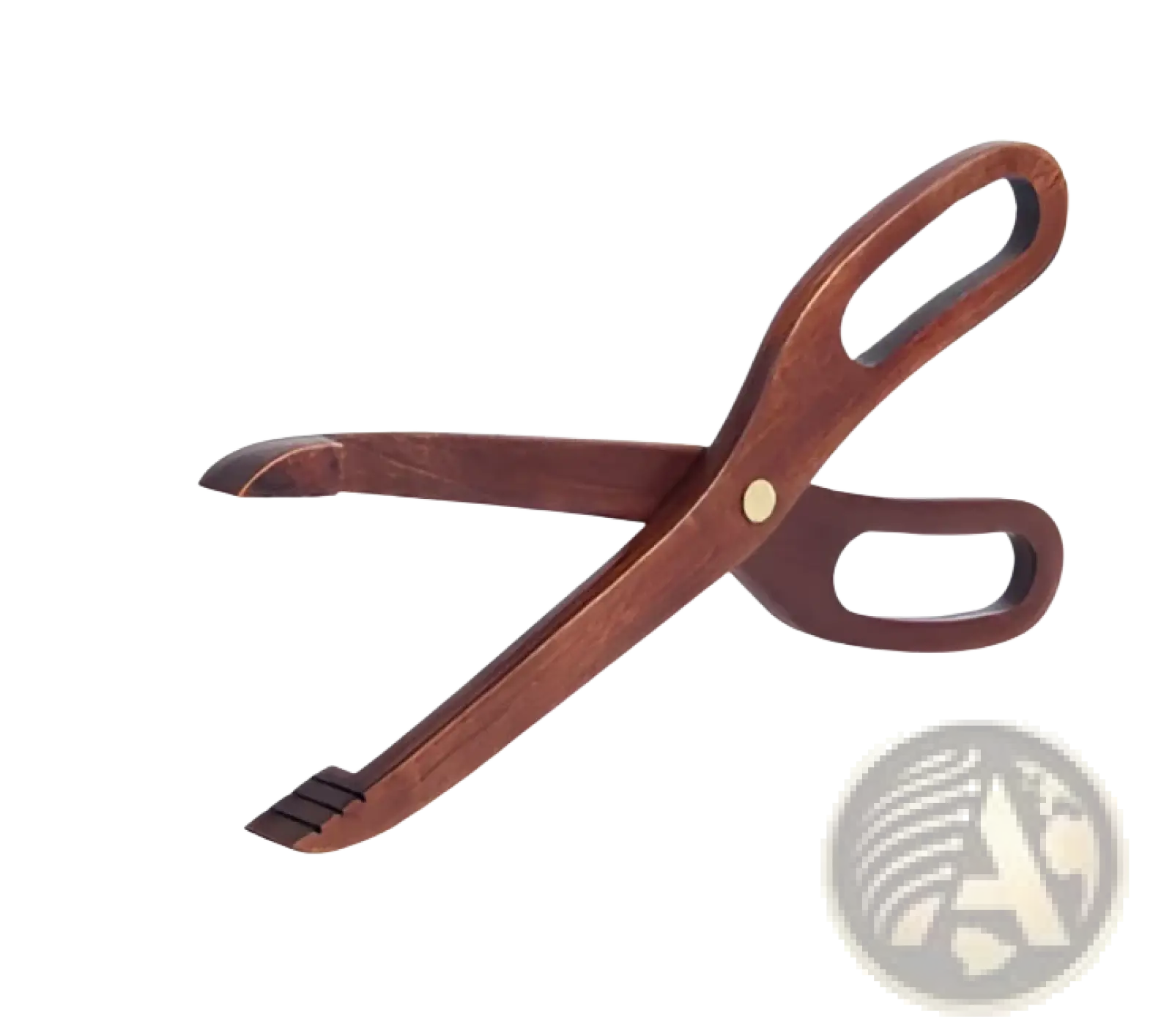 Brown wooden tongs with gold pivot pin and black rubber tips from teak wood kitchen utensil set cooking spoons 7pcs