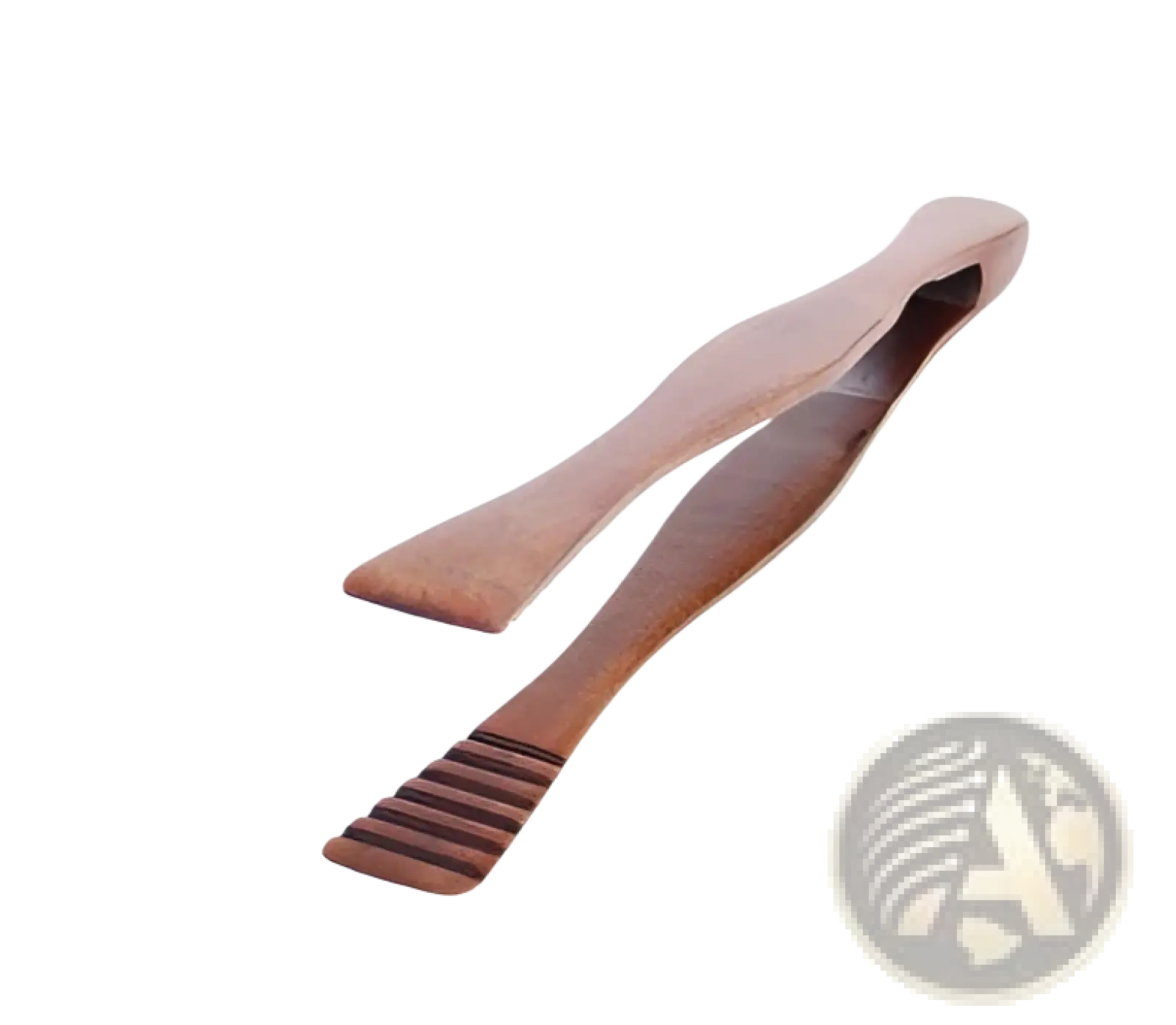 Wooden tongs with a smooth polished finish and gently curved handles in teak wood kitchen utensil set