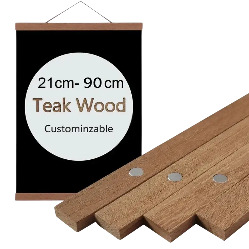 Teak wood magnetic photo frame poster hanger with customizable size options on a black background