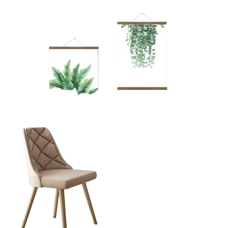 Beige quilted chair with wooden legs next to a teak wood magnetic photo frame poster hanger on display