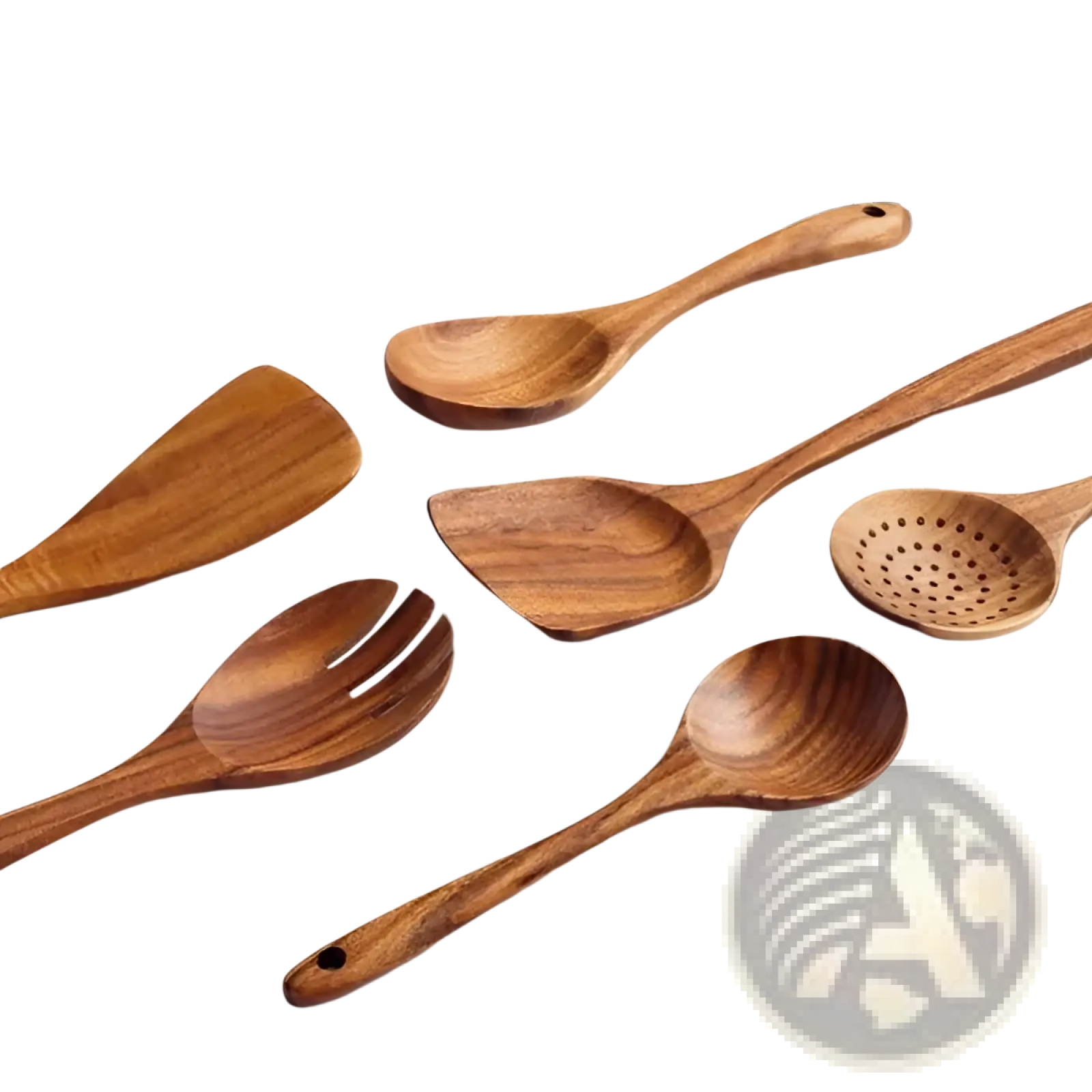 Set of six smooth premium teak wood kitchen utensils in rich brown tones with natural grain patterns for cooking use