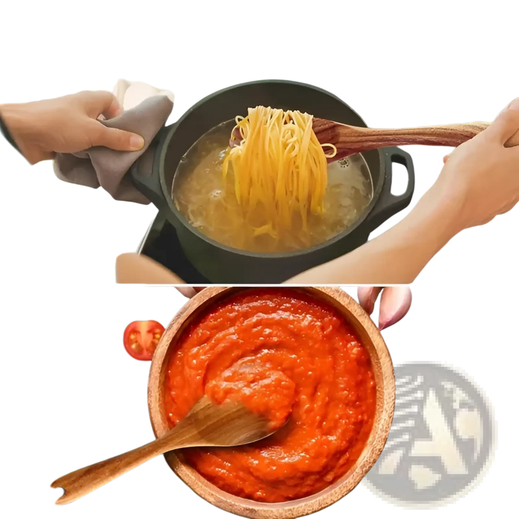 Teak wooden cooking spoon resting in a rustic bowl filled with vibrant red tomato sauce from a 6 piece utensil set