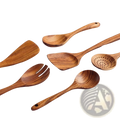 Set of six smooth premium teak wood cooking utensils in rich brown with natural grain patterns for kitchen use