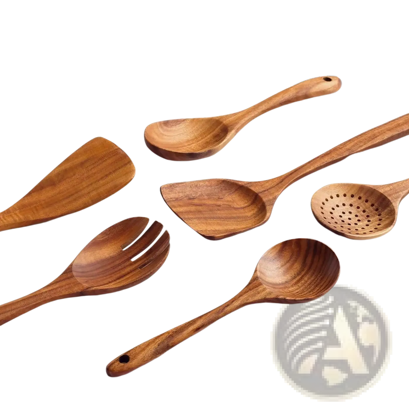 Set of six smooth premium teak wood cooking utensils in rich brown with natural grain patterns for kitchen use
