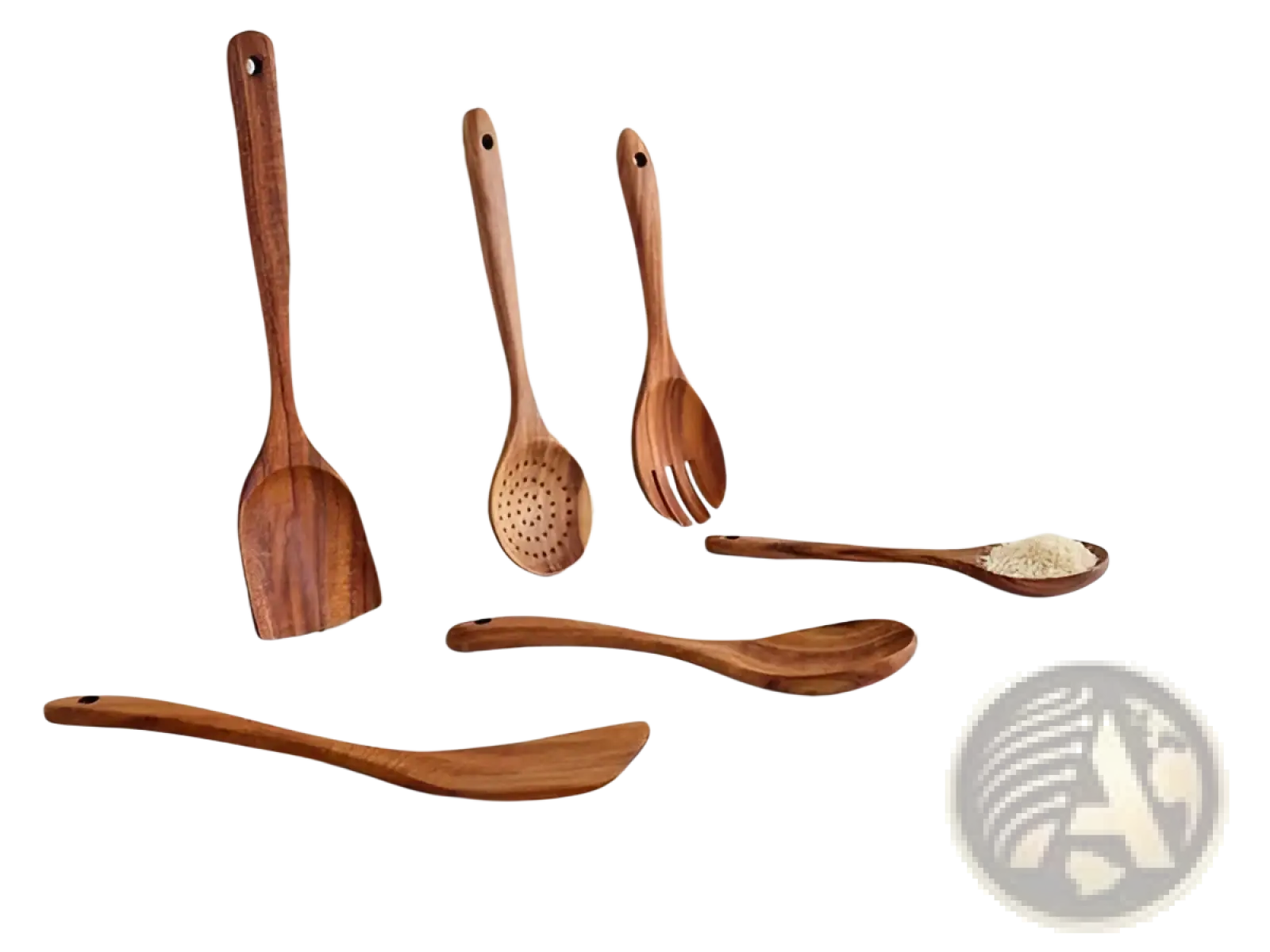 Set of six teak wooden cooking spoons with natural wood grain and smooth polished finish for kitchen use