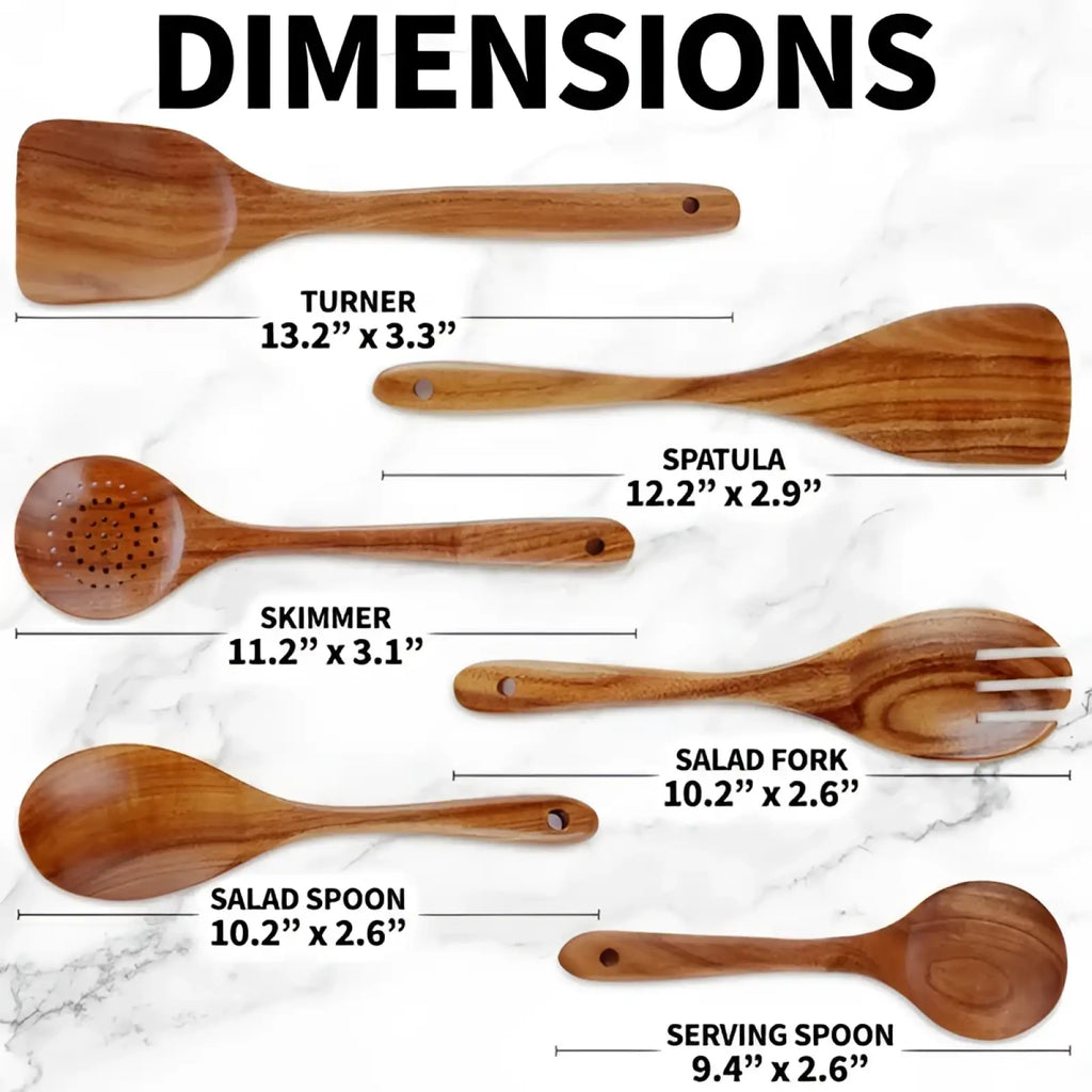 Set of six teak wooden cooking spoons with natural wood grain and smooth rounded handles for kitchen use