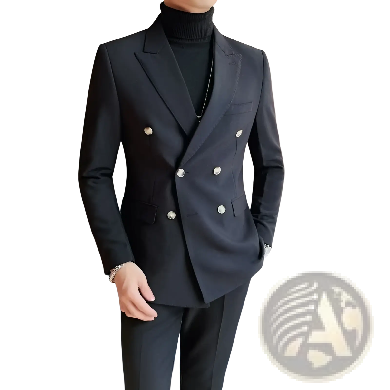 Black double-breasted suit jacket with silver buttons in a mens teal double-breasted corduroy jacket product line