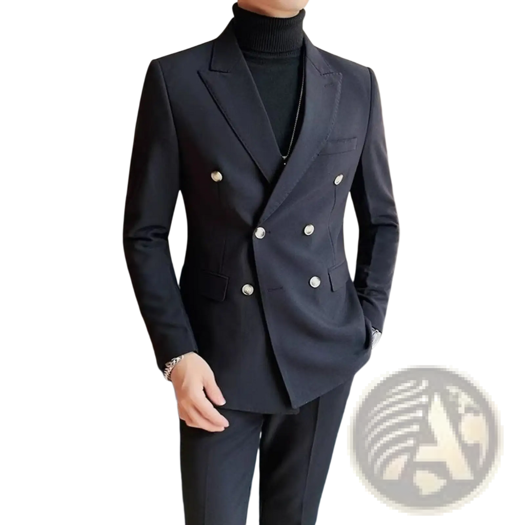 Black double breasted suit jacket with silver buttons for men featuring a classic tailored design