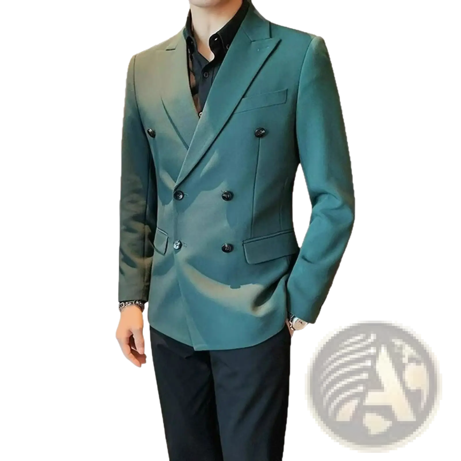 Teal double breasted corduroy jacket for men with a sleek gradient finish and black buttons