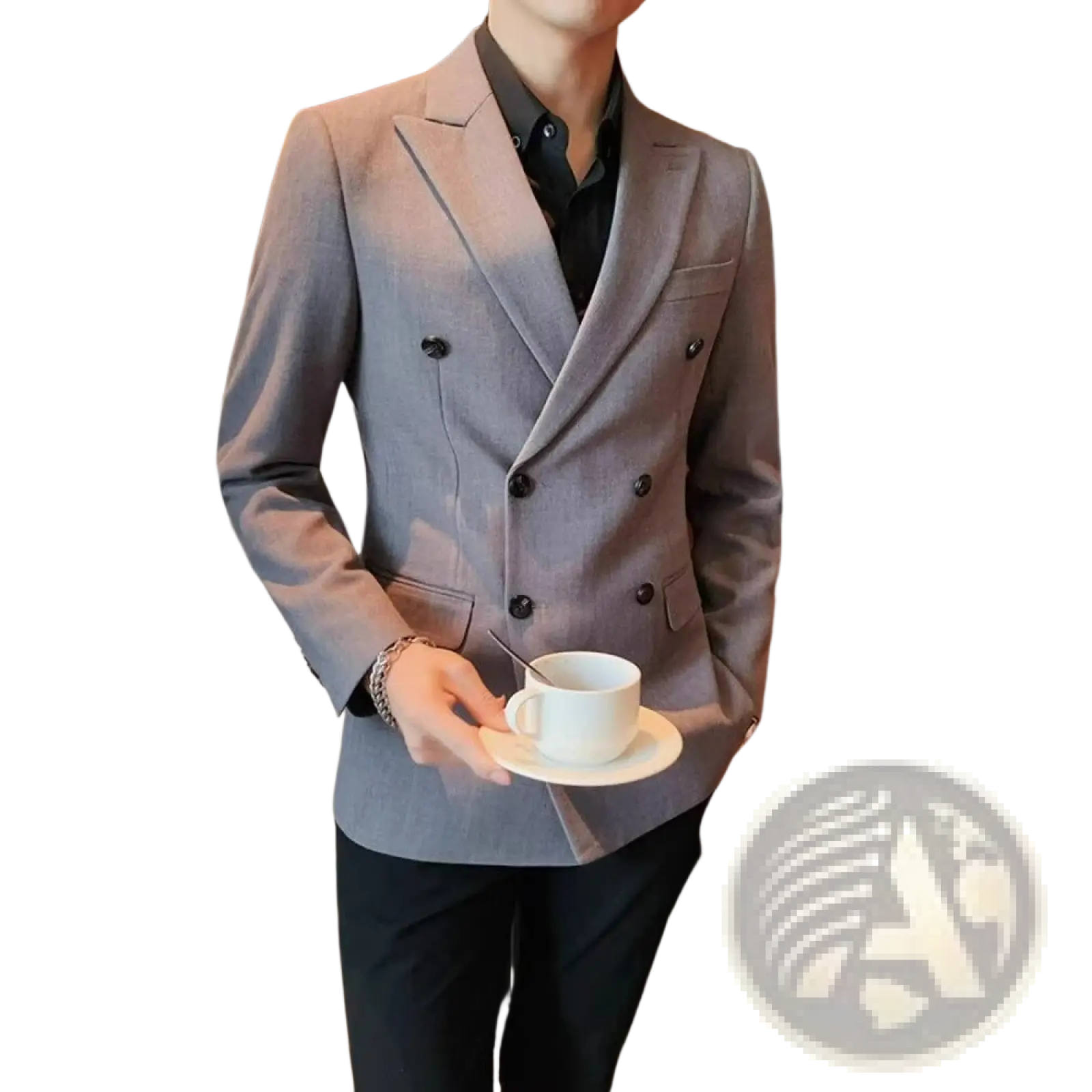 A tailored gray double-breasted blazer with black buttons and subtle textured weave for formal menswear
