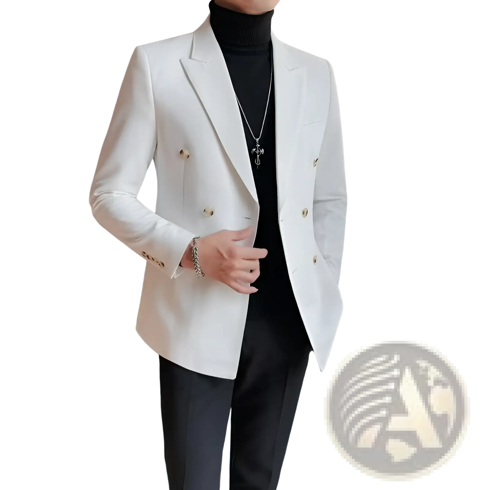White double-breasted blazer with gold-toned buttons and tailored fit for a refined menswear look