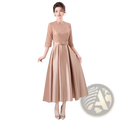 A beige satin midi birthday dress with lace bodice three-quarter sleeves and matching waist belt