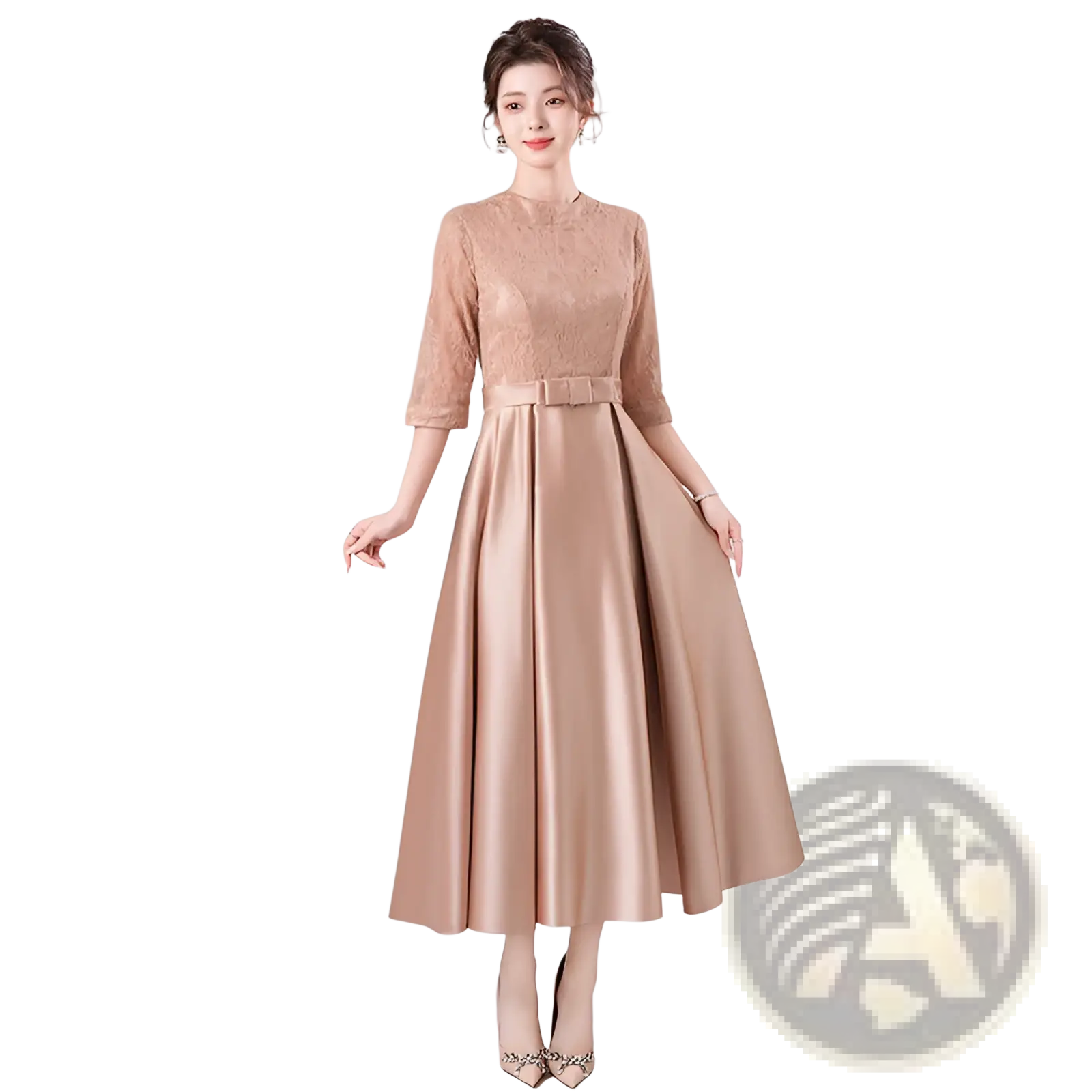 A beige satin midi birthday dress with lace bodice three-quarter sleeves and matching waist belt