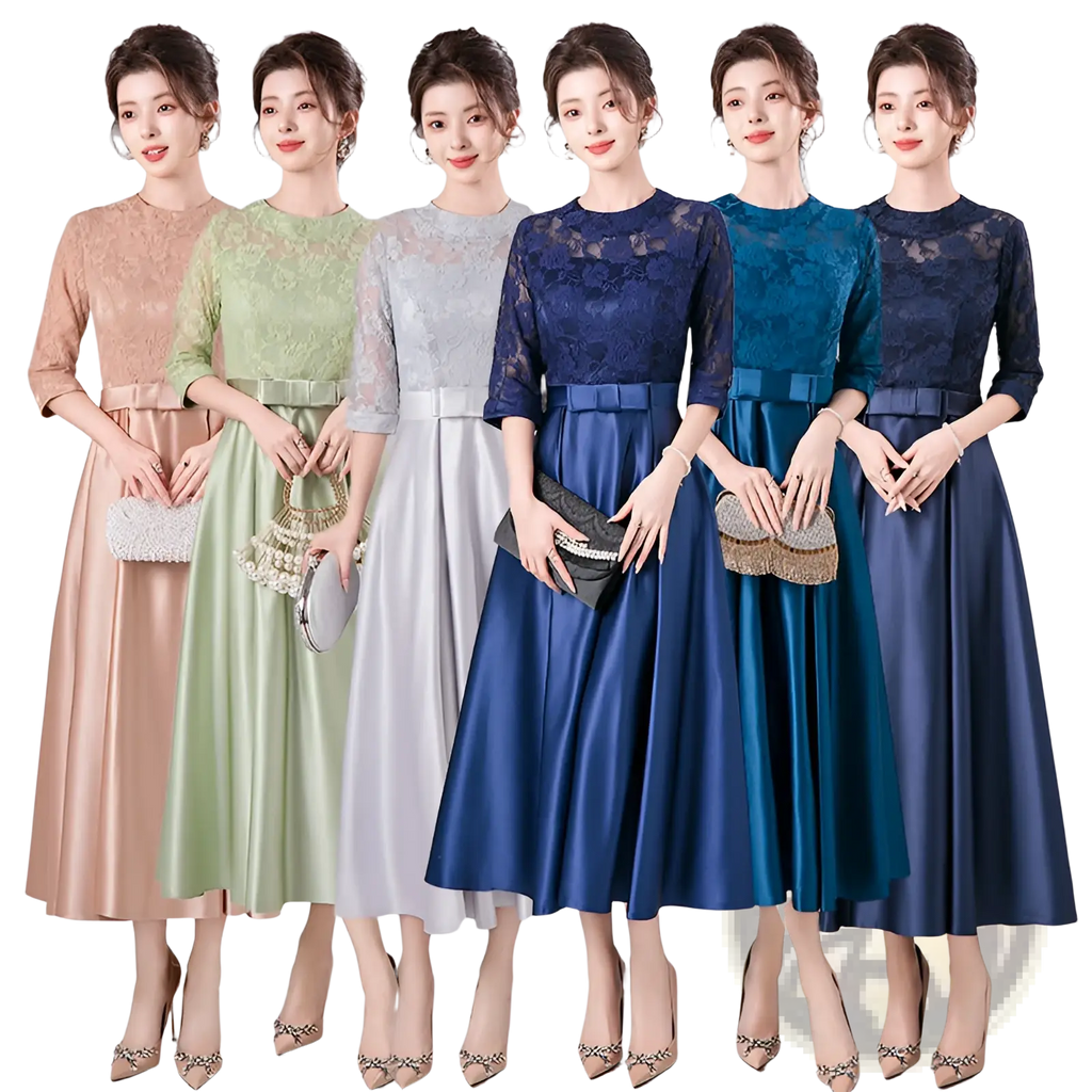 Five women model elegant lace and satin midi birthday dresses in teal blue and navy hues with matching sashes