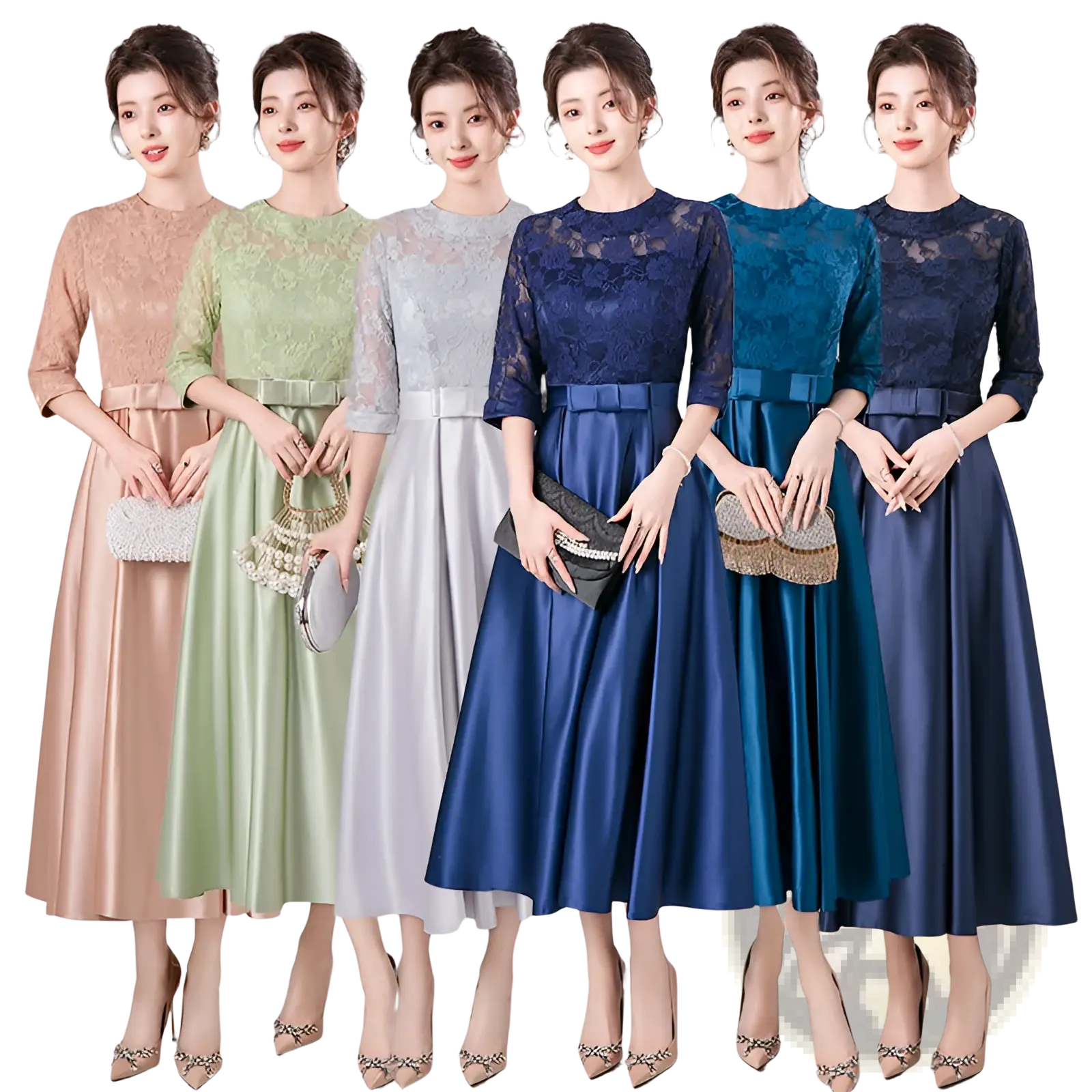 Five women model elegant lace and satin midi birthday dresses in teal blue and navy hues with matching sashes