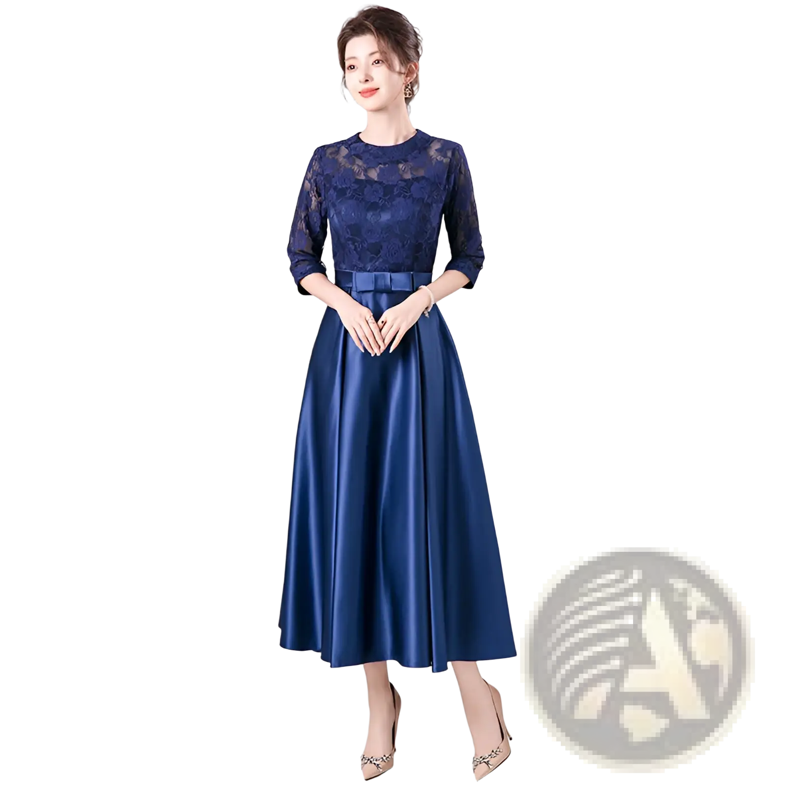 Teal lace satin midi birthday dress with three-quarter sleeves, fitted bodice, and ribbon belt at the waist