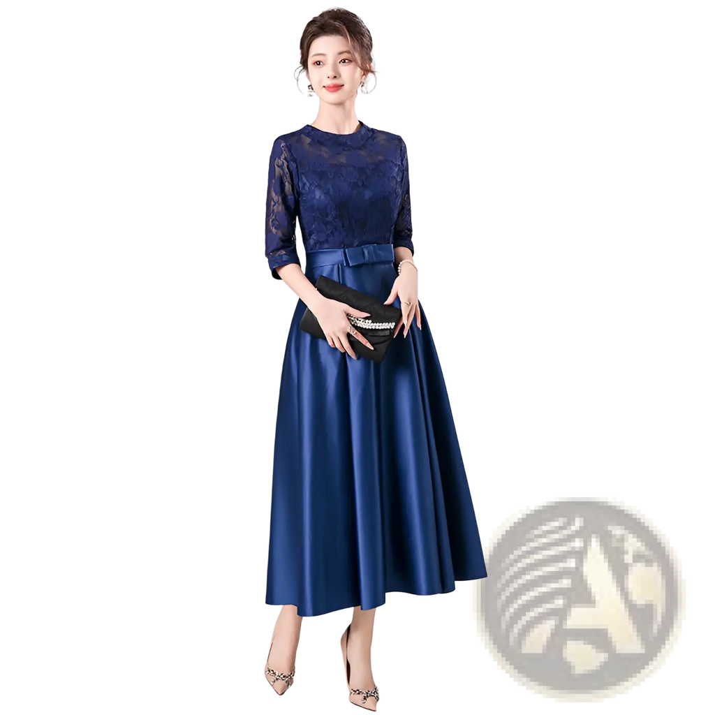 Teal lace satin midi birthday dress with navy blue lace and satin fabric fitted bodice three quarter sleeves and flared skirt