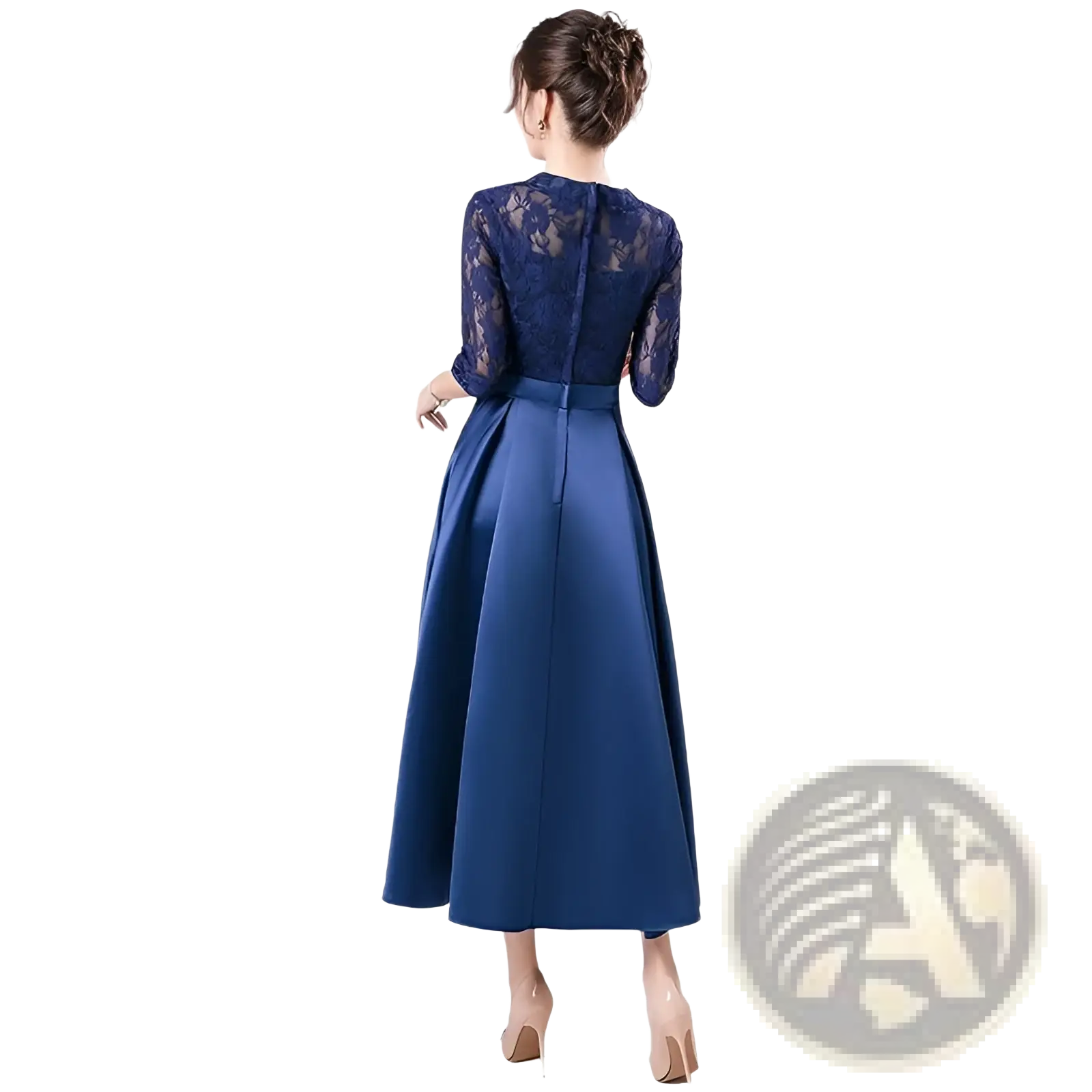 A navy blue evening gown with a lace bodice and satin skirt designed as a teal lace satin midi birthday dress