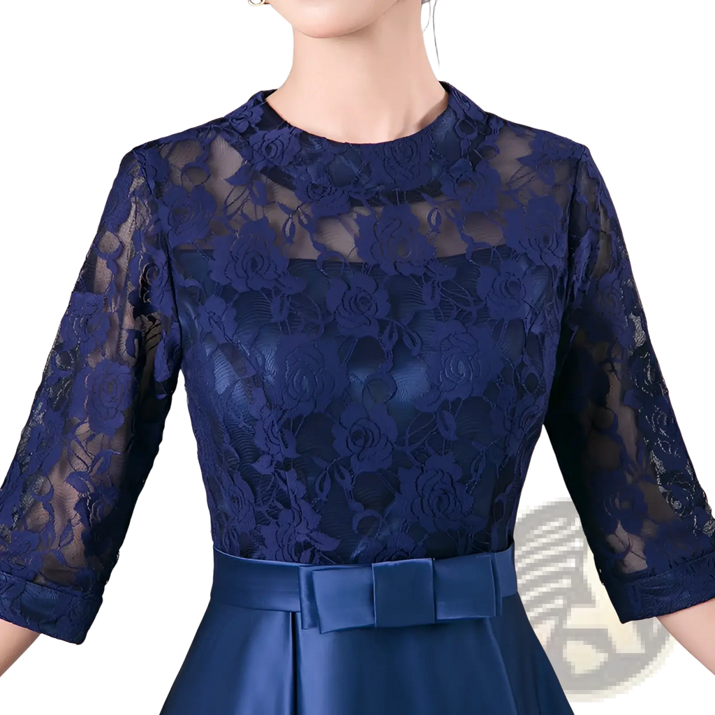Navy blue lace midi dress with three-quarter sleeves and satin sash belt suitable for birthday occasions