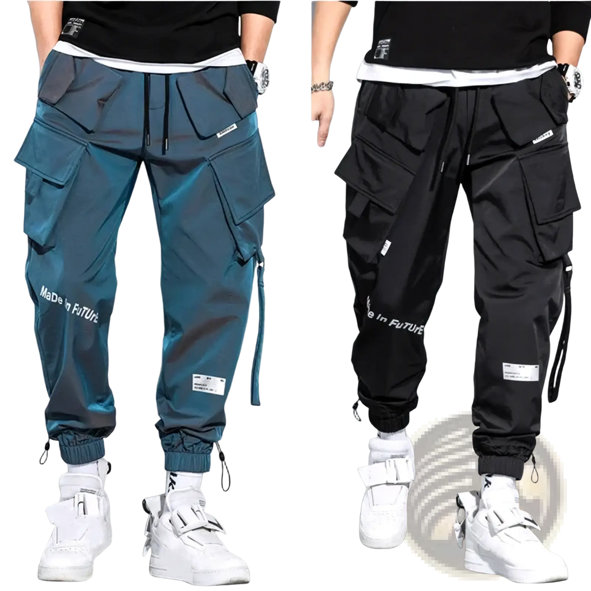 Teal mens tactical cargo pants streetwear with multiple pockets, drawstrings, elastic cuffs, and white text branding