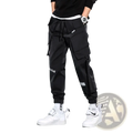 Black mens tactical cargo pants with multiple pockets drawstring waistband and white text on leg for streetwear