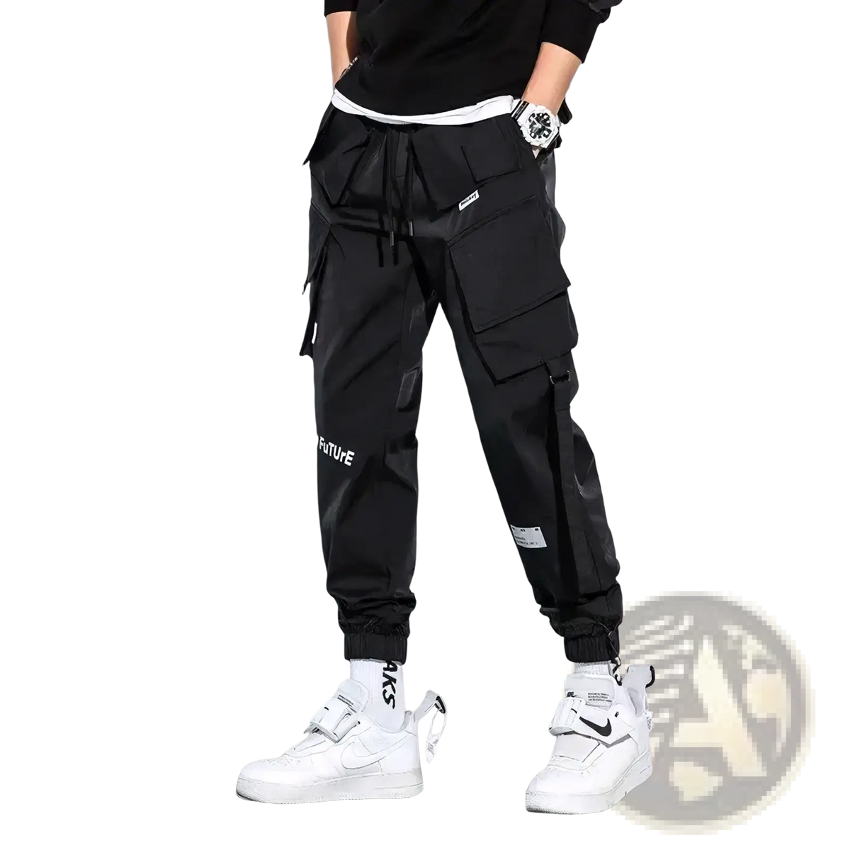 Black mens tactical cargo pants with multiple pockets drawstring waistband and white text on leg for streetwear