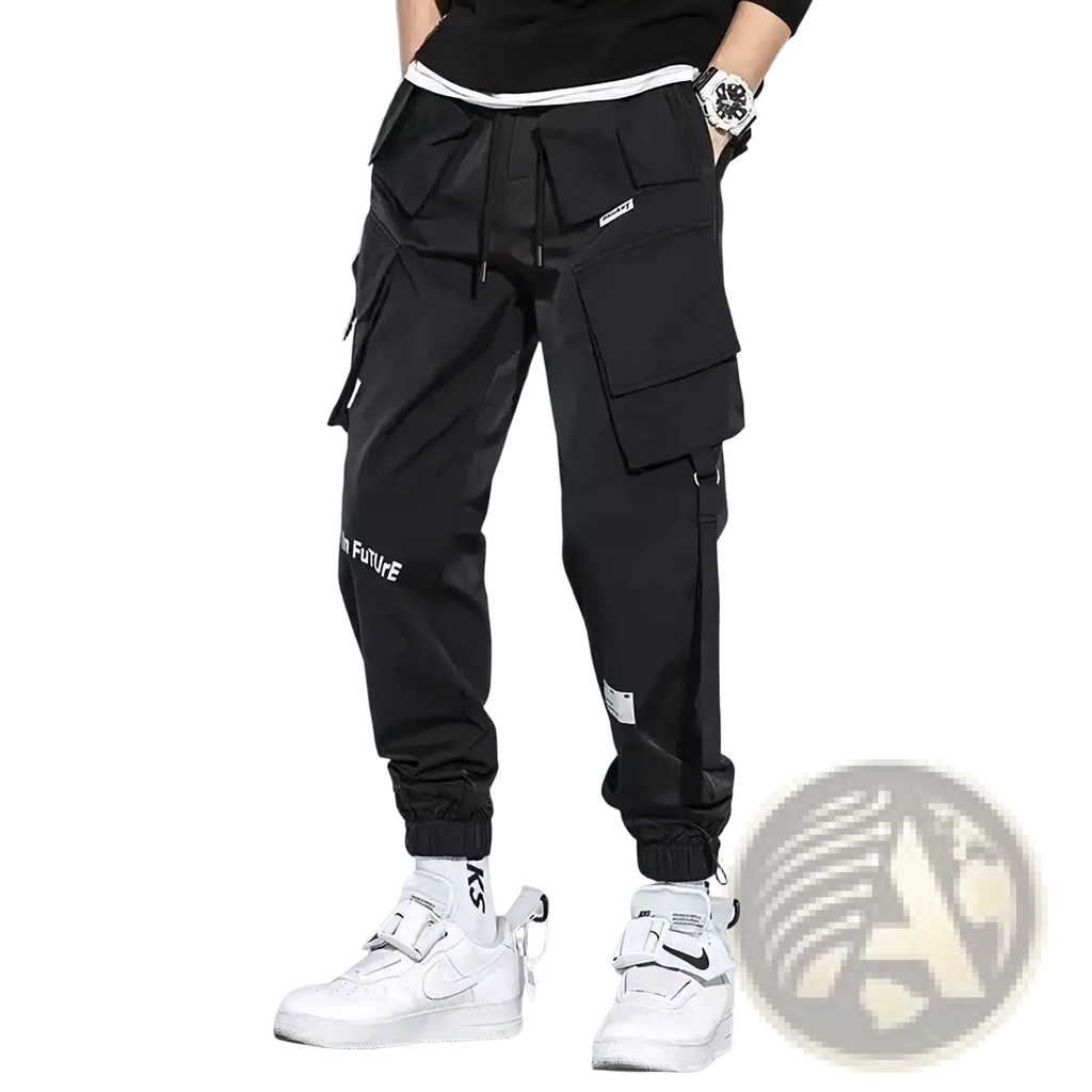 Teal mens tactical cargo pants in black with multiple pockets white trim and for future graphic on left thigh for streetwear