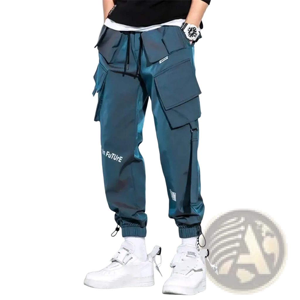 Teal mens tactical cargo pants with multiple pockets and a drawstring waistband for streetwear use
