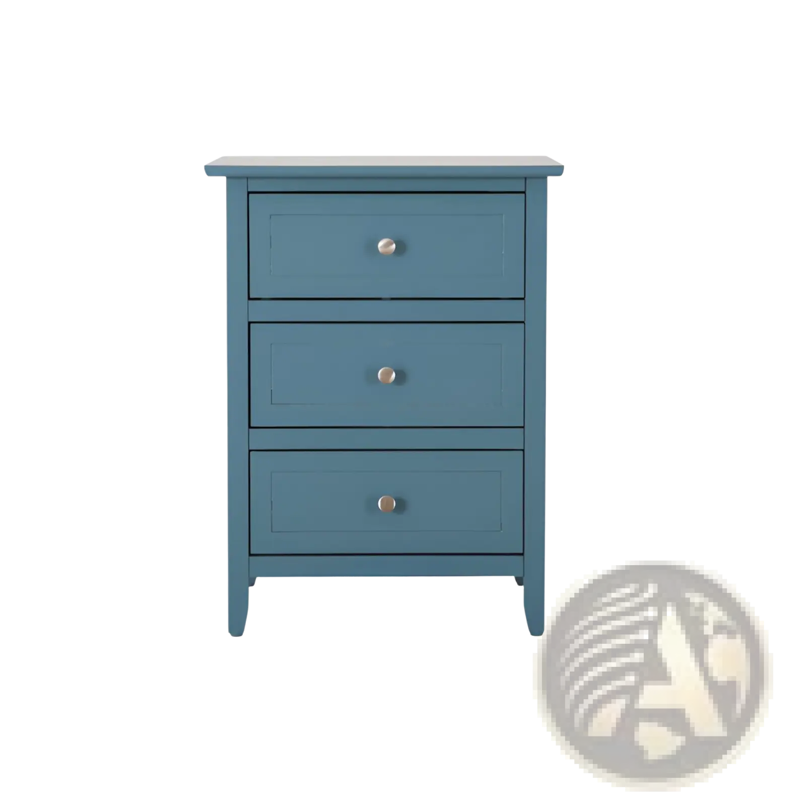 Teal wood nightstand with three drawers and round silver knobs featuring a blue painted finish