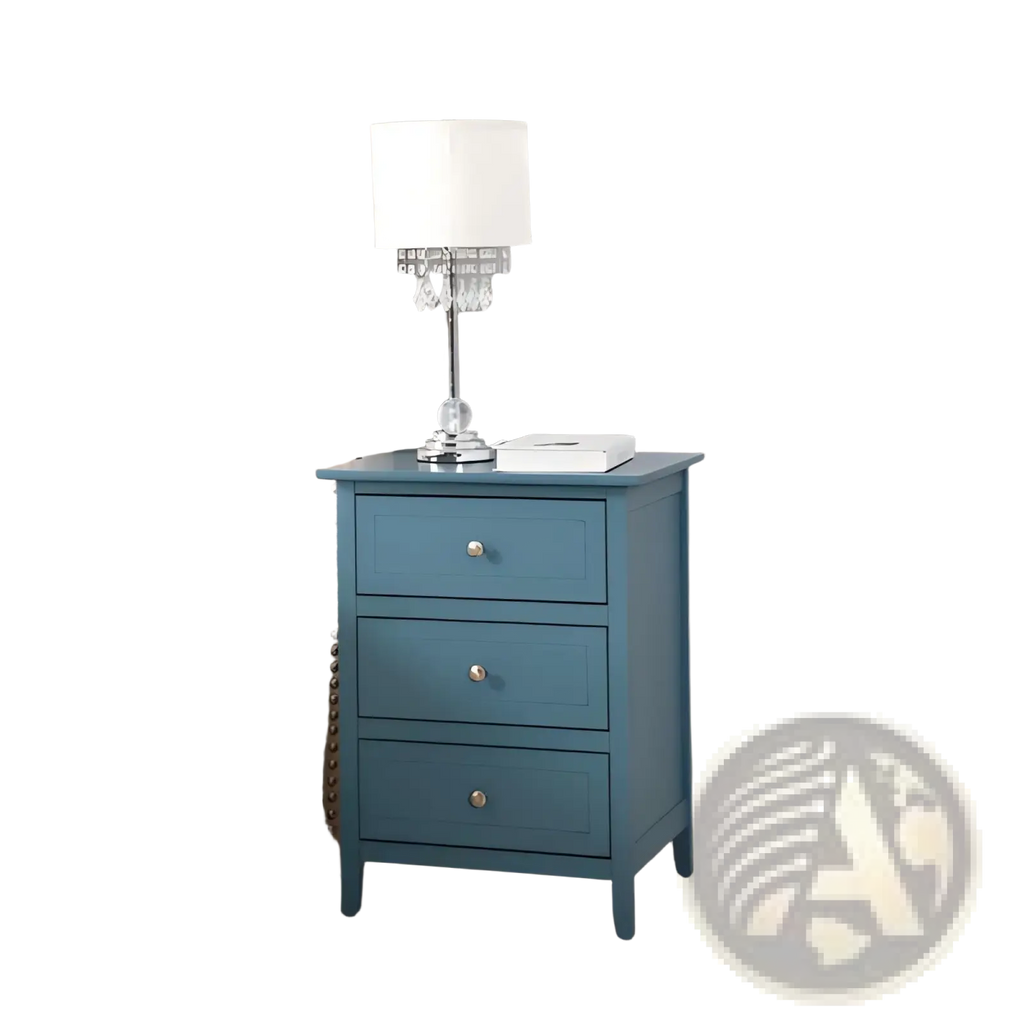 Teal wood nightstand with three drawers and silver knobs made of blue painted wood for bedroom storage