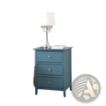 Teal wood nightstand with three drawers and silver knobs made of blue painted wood for bedroom storage